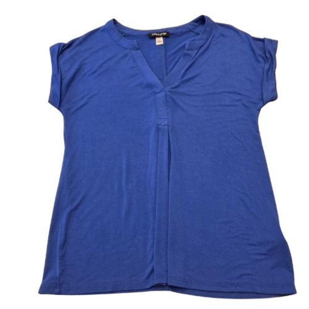 Cable & Gauge Womens S Royal Blue Button Back V-Neck Cap Sleeve Pleated Top Soft
